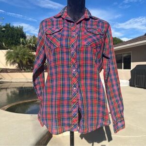 Women's Western Plaid Button Down Shirt - Red and Blue